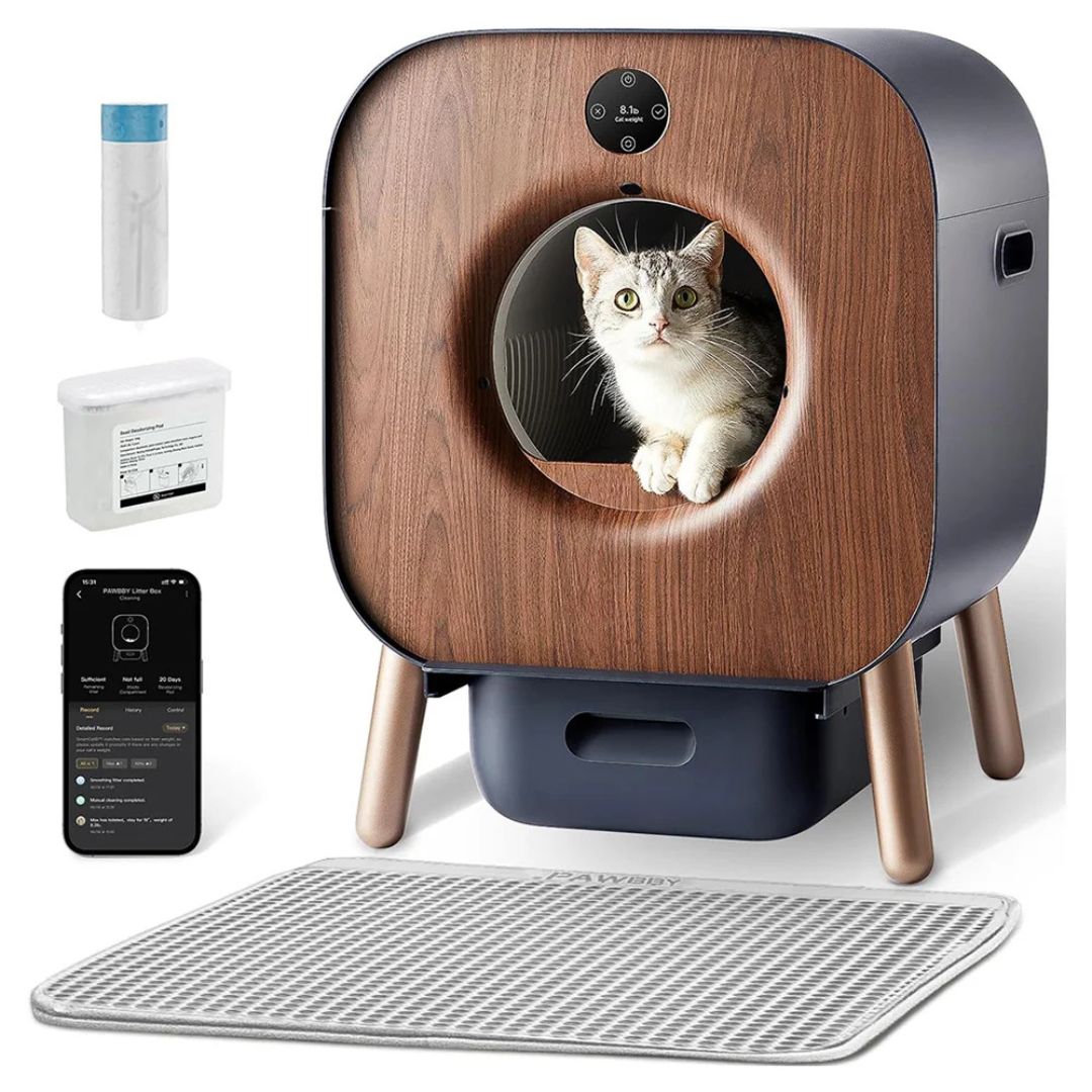 image de la Litière Autonettoyante Intelligente pour Chat – Certifiée TÜV Rheinland avec un chat dedans et les différents accessoires complémentaires