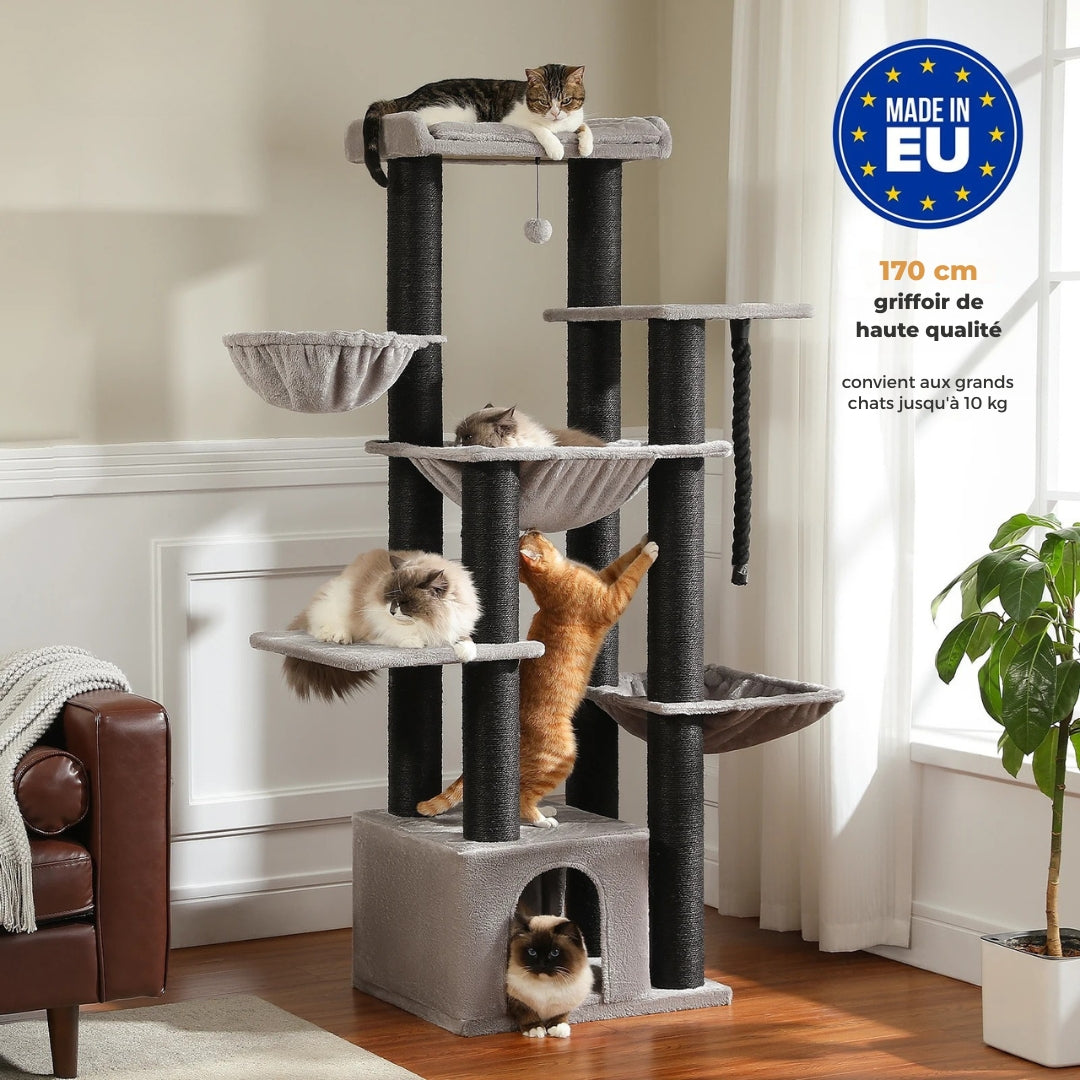 Grand Arbre à Chat 170 cm – Multi-étages, Hamacs XXL & Poteaux Griffoirs Ultra-Robustes