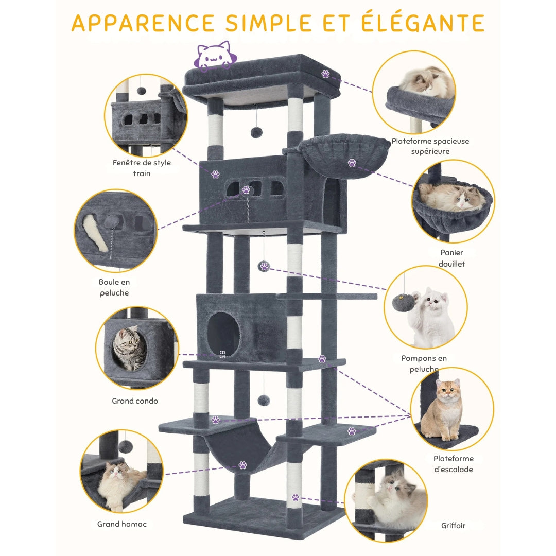 Grand Arbre à Chat 210 cm – Tour XXL Multi-Niveaux avec Hamac, Maisonnette, Paniers & 8 Griffoirs – Idéal pour Chats Actifs et Grandes Races