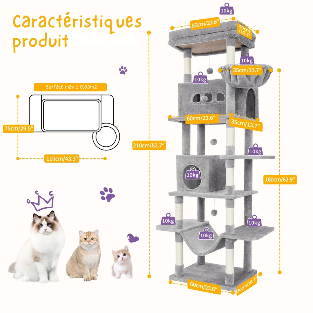 Grand Arbre à Chat 210 cm – Tour XXL Multi-Niveaux avec Hamac, Maisonnette, Paniers & 8 Griffoirs – Idéal pour Chats Actifs et Grandes Races