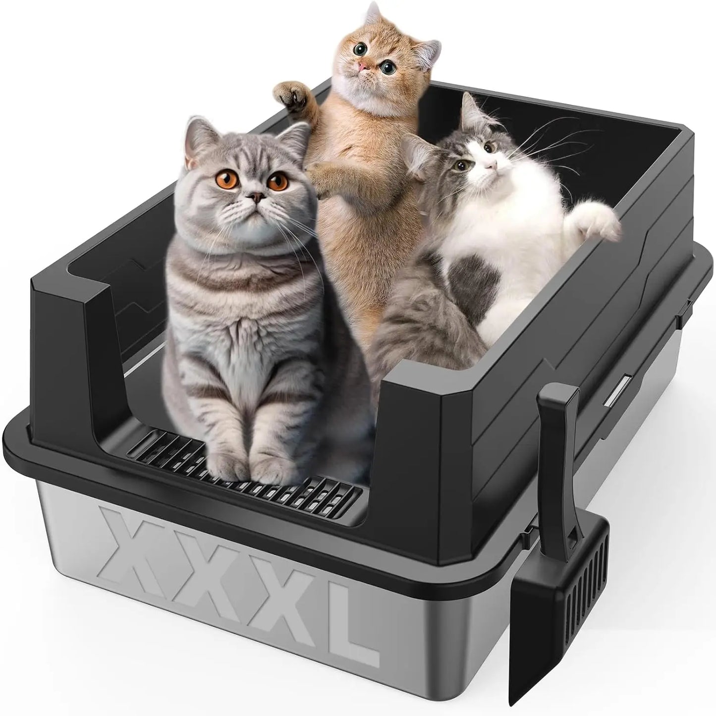 Bac à litière XL en acier inoxydable pour grands chats et foyers multi-chats - Semi-fermé, haute paroi