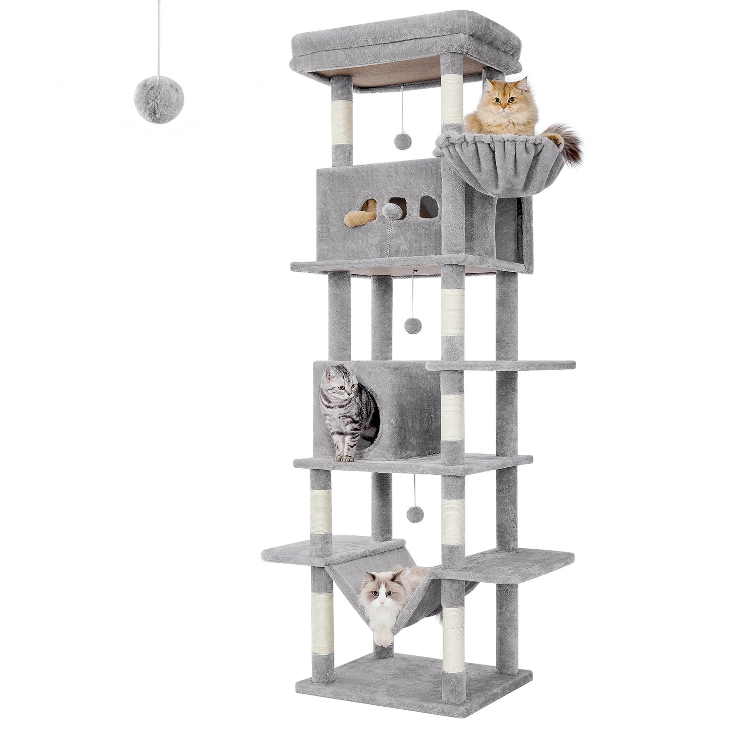 Grand Arbre à Chat 210 cm – Tour XXL Multi-Niveaux avec Hamac, Maisonnette, Paniers & 8 Griffoirs – Idéal pour Chats Actifs et Grandes Races