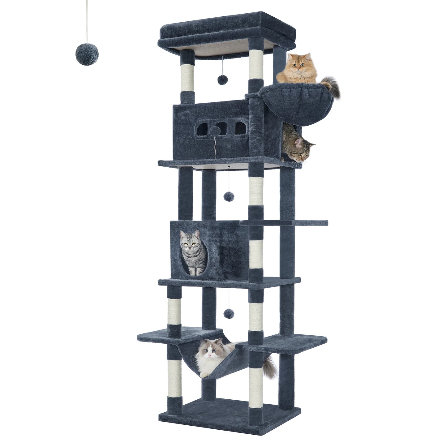 Grand Arbre à Chat 210 cm – Tour XXL Multi-Niveaux avec Hamac, Maisonnette, Paniers & 8 Griffoirs – Idéal pour Chats Actifs et Grandes Races