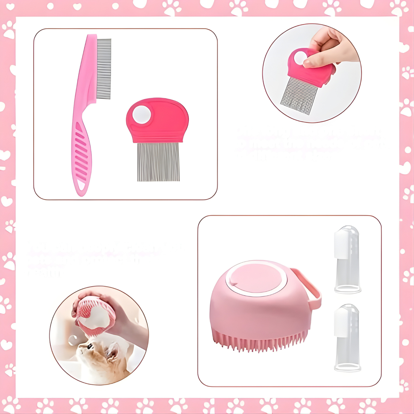 Détails des accessoires du kit de toilettage rose : peigne de démêlage à dents fines, brosse de bain massante en silicone avec réservoir, et doigtiers souples pour le brossage des dents des animaux.