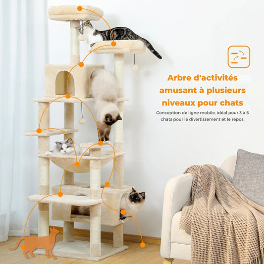 Arbre à chat géant beige crème à 5 niveaux avec deux niches spacieuses, un hamac central et des plateformes d'observation pour 3 à 5 chats.