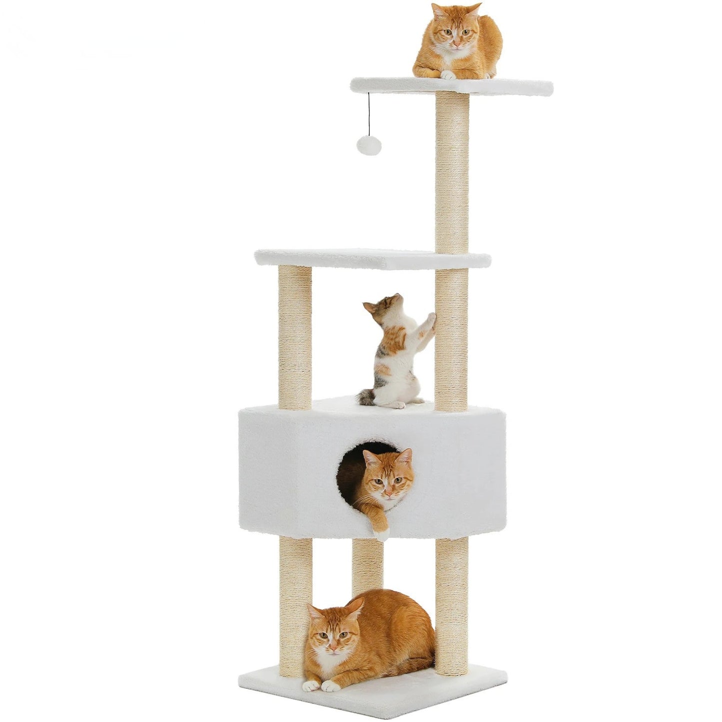 Schéma des dimensions complètes de l'arbre à chat 130 cm : base 40x40 cm, niche centrale et plateformes d'observation sur plusieurs niveaux.