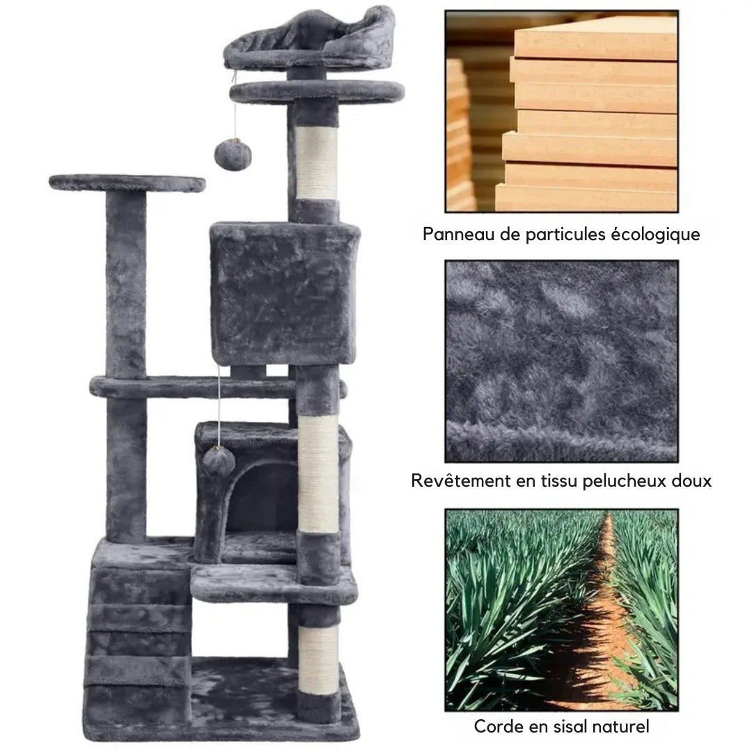 Gros plan sur les matériaux écologiques de l'arbre à chat : griffoir en sisal naturel robuste, panneaux de particules certifiés norme E1 et revêtement en peluche grise haute qualité.