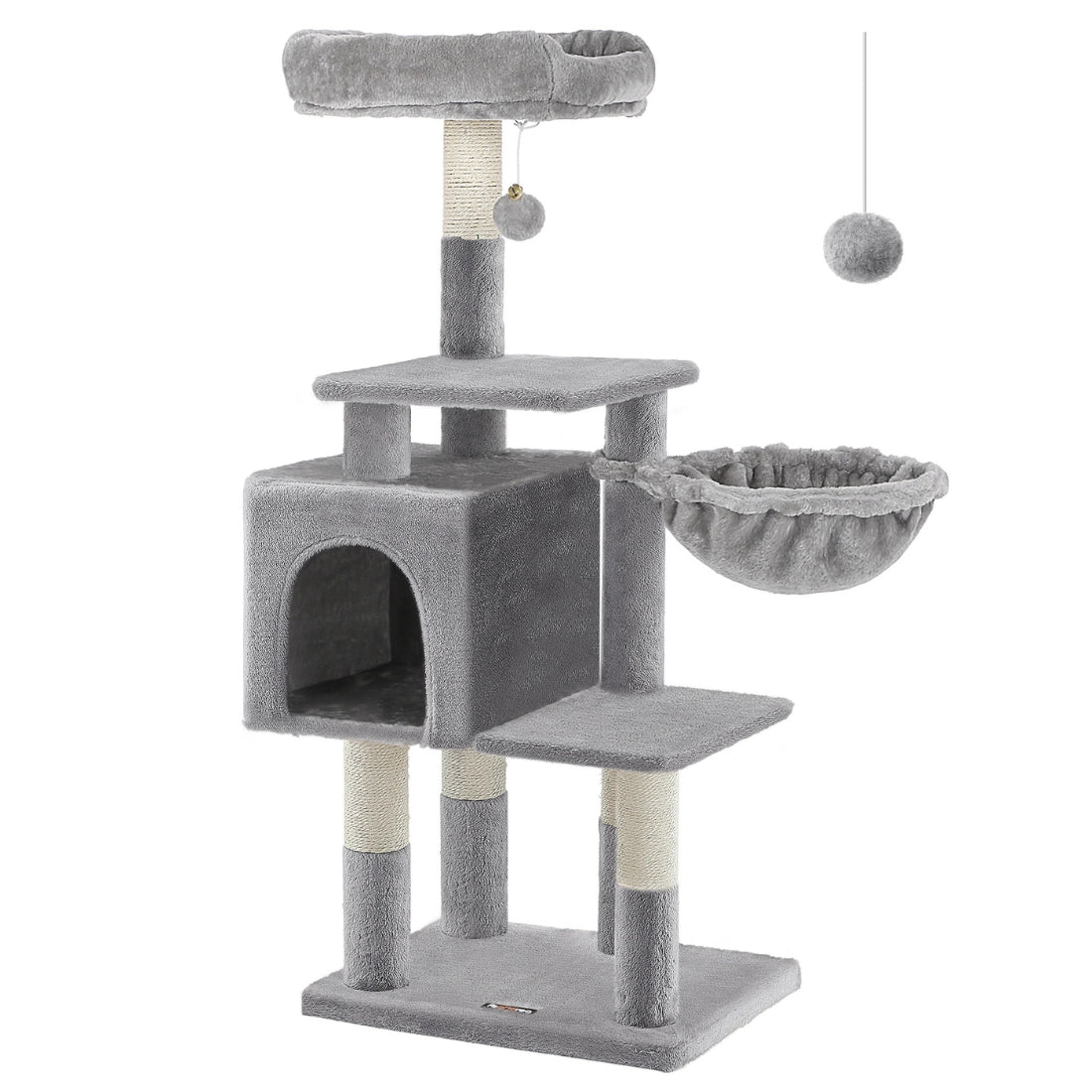 Arbre à chat compact gris de 110 cm avec niche cubique, panier suspendu, plateforme d'observation rembourrée et poteaux griffoirs en sisal.