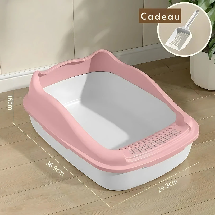 image du bac a litière a bord haut rose pour chaton avec les dimension écrite de chaque coté