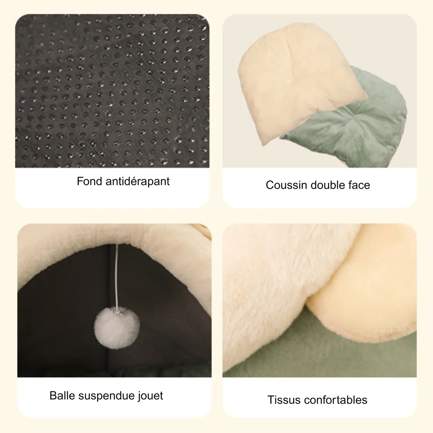 Vue détaillée des caractéristiques d'un panier chat : fond antidérapant à picots, coussin pour chat amovible double face, balle de jeu suspendue et tissus en peluche douce. Montage technique présentant ce coussin à chat igloo robuste et confortable. Qualité premium Les Trésors d'Owka.
