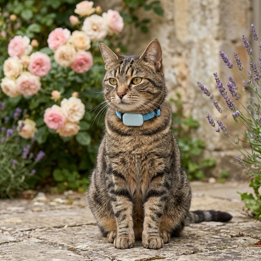 Collier GPS chat sans abonnement bleu avec traceur Apple Find My porté par un chat tigré dans un jardin fleuri - Les Trésors d'Owka