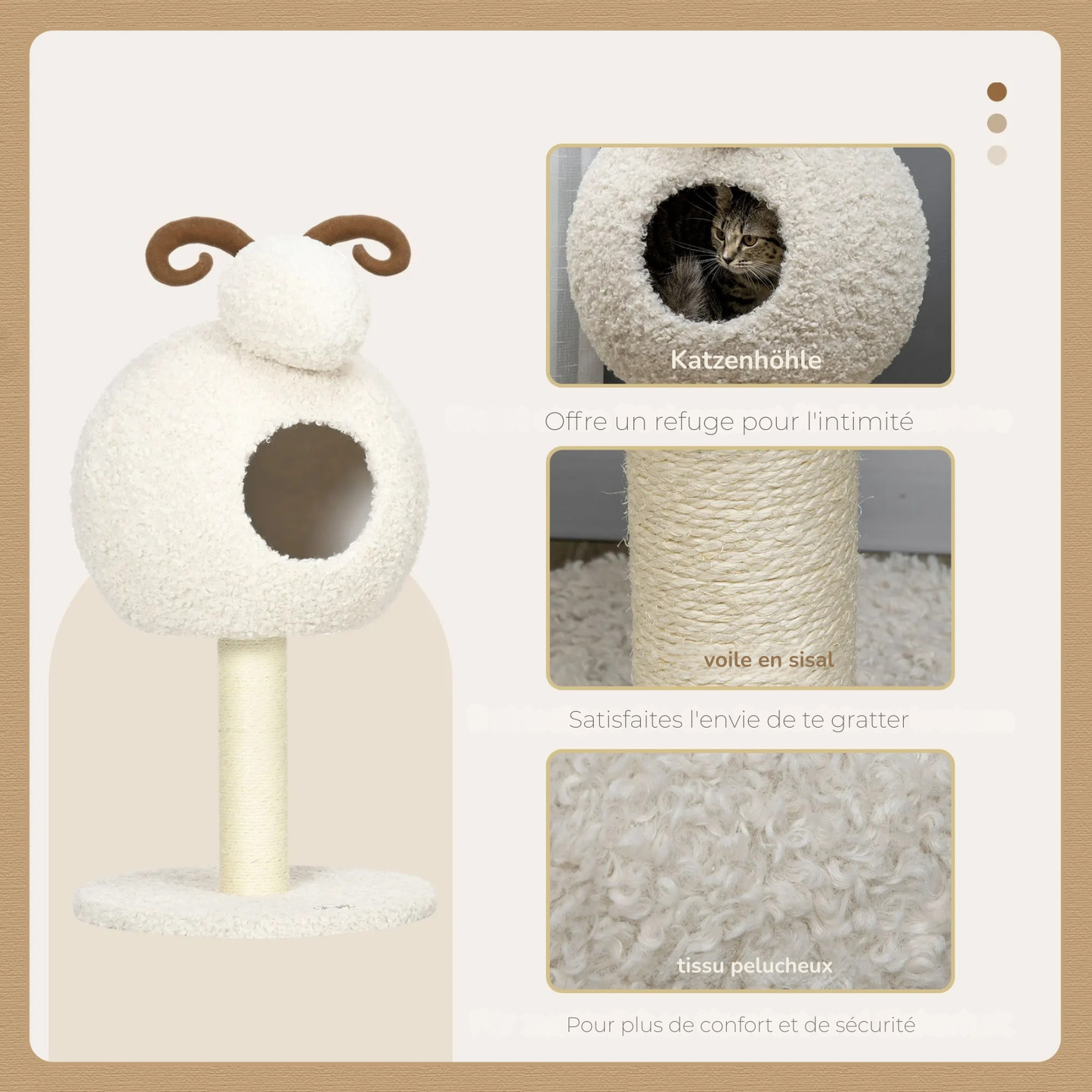 Détails des matériaux d'un arbre à chat original en forme de mouton. L'image montre la niche refuge, le poteau griffoir en sisal naturel et le tissu pelucheux bouclé blanc. Arbre chaton confortable et sécurisé pour le repos et les griffades. Qualité premium Les Trésors d'Owka.