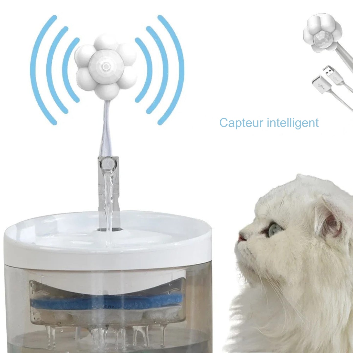 Détecteur de Mouvement Intelligent USB pour Fontaine à Eau Chat Les Trésors d'Owka activant un jet d'eau automatique à l'approche d'un chat blanc. Capteur infrarouge universel pour Fontaine à Eau Chat silencieuse et économe. Accessoire Smart pour Fontaine à Eau.