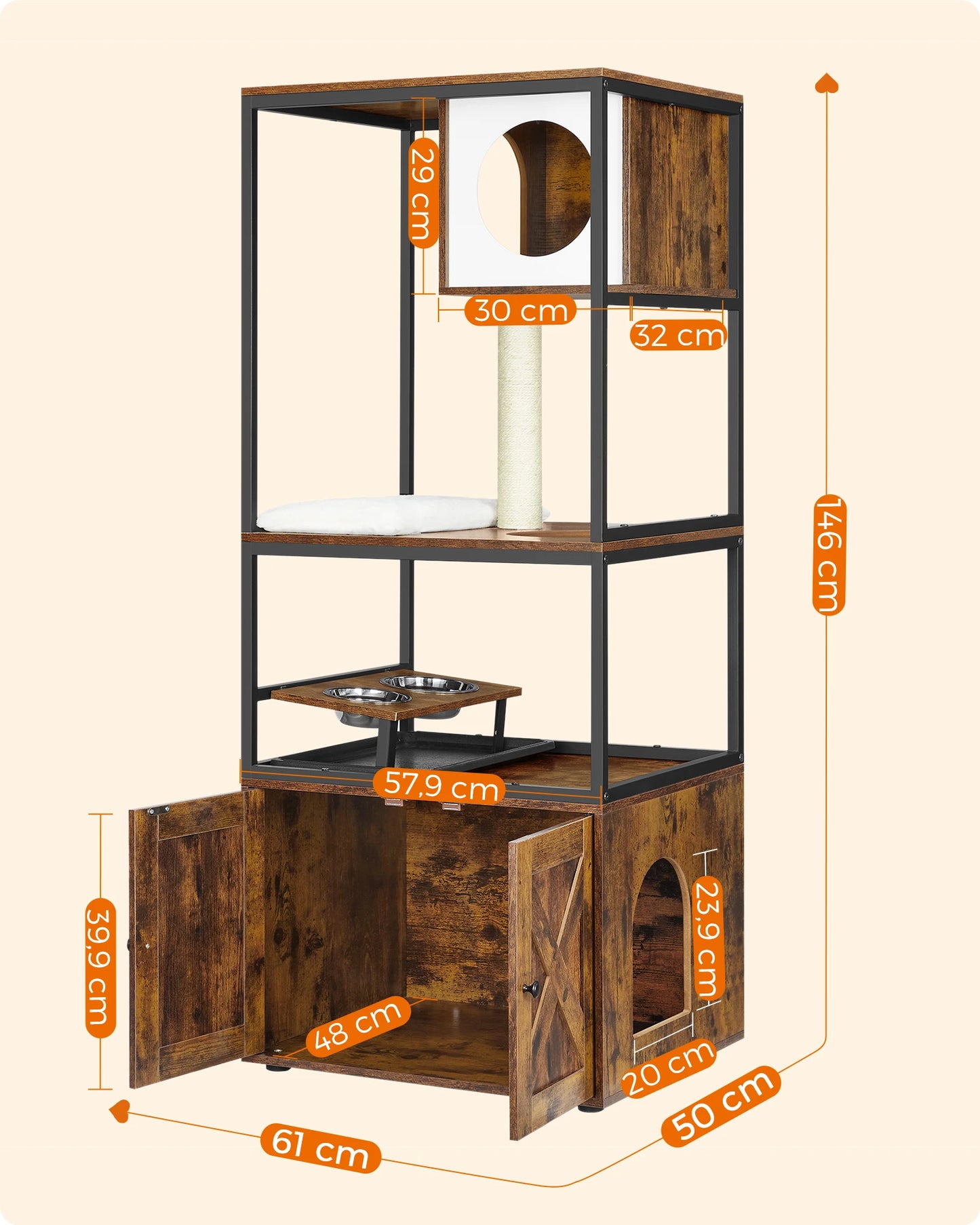 Plan détaillé des dimensions d'un meuble arbre à chat industriel de 146 cm de haut. L'image indique les mesures du cache-litière, de la niche haute et de la station de repas. Arbre a chat robuste en bois et métal, idéal pour gagner de l'espace. Arbre chaton et chat adulte haut de gamme. Qualité Les Trésors d'Owka.