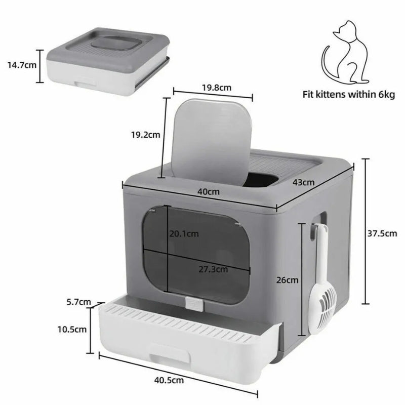 Schéma technique avec dimensions du bac à litière chat fermé (40x43x37.5 cm) gris et blanc. Cette maison de toilette à tiroir pliable convient parfaitement comme bac à litière pour chaton et chats adultes de moins de 6 kg, avec une large porte de 27 cm.