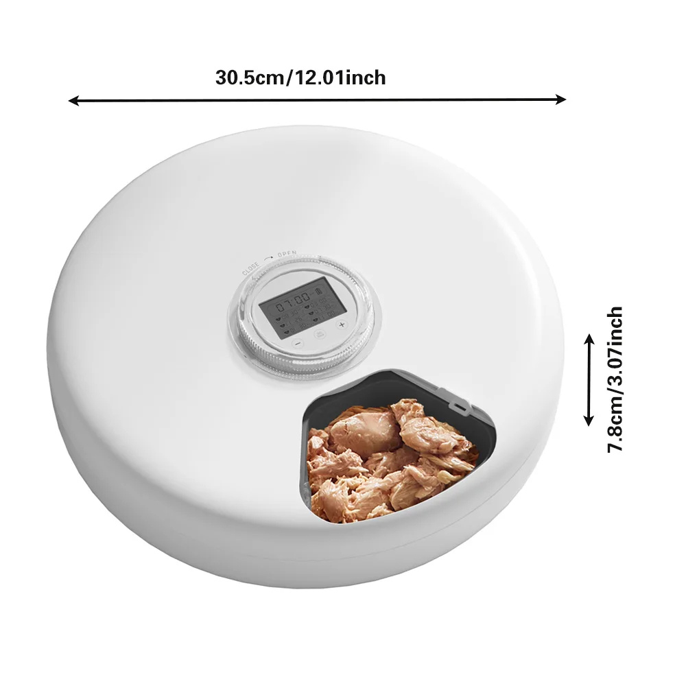 Schéma technique des dimensions d'un distributeur automatique circulaire blanc pour chat : diamètre de 30,5 cm et hauteur de 7,8 cm, avec compartiment de nourriture humide ouvert.