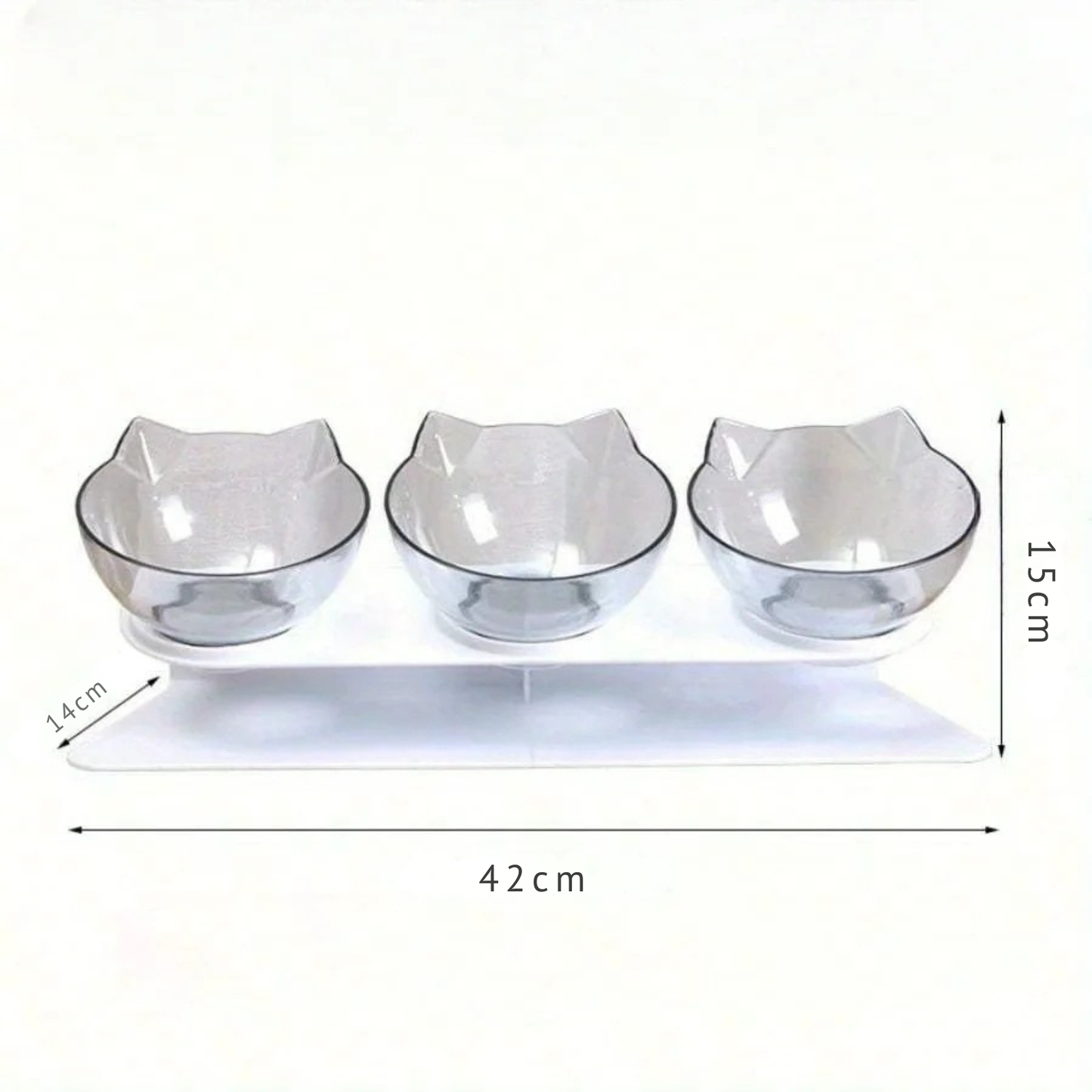 Fiche technique avec dimensions de la gamelle pour chat triple. La station mesure 42 cm de longueur, 15 cm de hauteur et 14 cm de profondeur. Ce guide montre les mesures précises de la gamelle chat surélevée avec ses trois bols transparents inclinés. Un accessoire gamelle chaton ergonomique idéal pour un ajustement parfait dans votre intérieur.