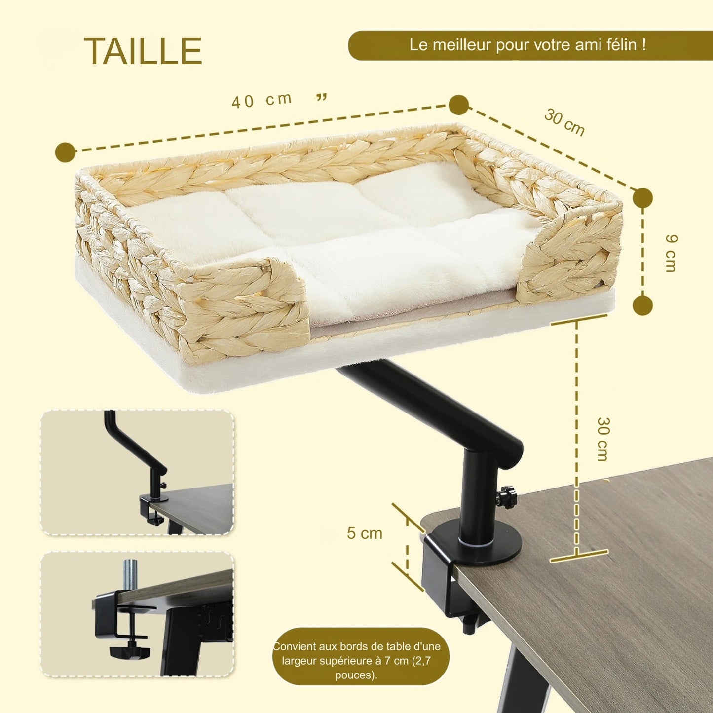 Dimensions techniques du hamac à chat bureau tressé : panier de 40x30x9 cm. Ce hamac pour chat en jacinthe d'eau naturelle possède un bras rotatif noir de 30 cm adaptable aux tables de 5 cm d'épaisseur. Un hamac chat robuste et design, idéal pour le confort du félin en télétravail.