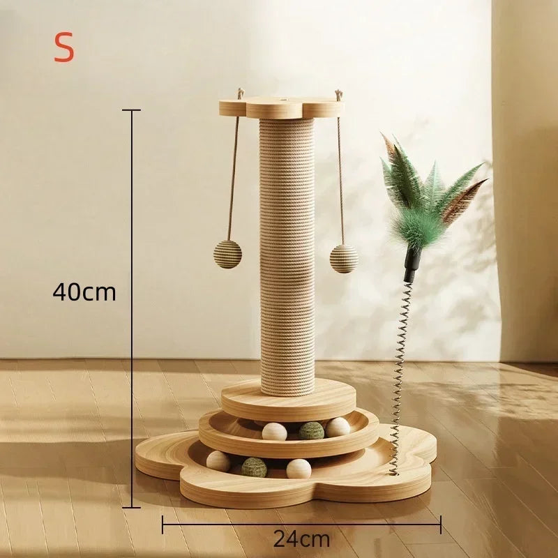 Dimensions de la tour de jeu pour chat Taille S : hauteur de 40 cm et base de 24 cm, comprenant un poteau en sisal, un circuit de balles interactif à deux niveaux et un plumeau sur ressort.