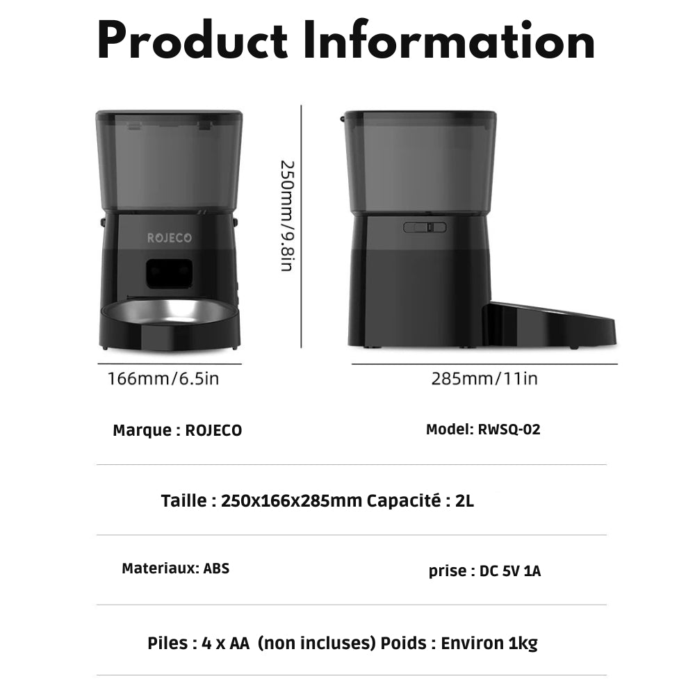 Fiche technique du distributeur automatique ROJECO modèle RWSQ-02 : dimensions 250x166x285 mm, capacité 2L, fabrication en ABS et alimentation par prise DC 5V 1A ou 4 piles AA.