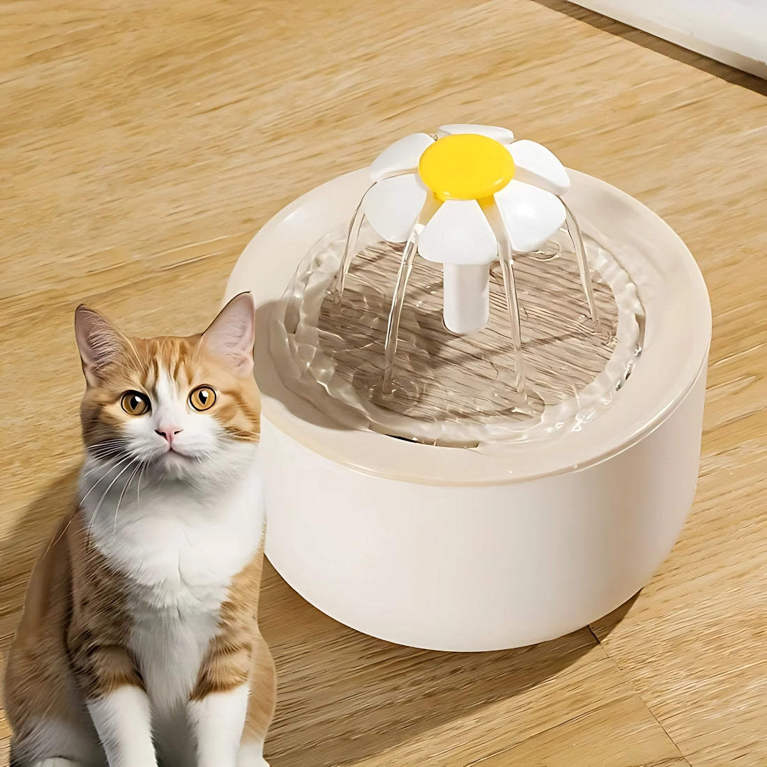 Chat roux assis à côté d'une fontaine à eau automatique beige crème avec buse marguerite diffusant des jets d'eau filtrée sur un sol en bois clair.