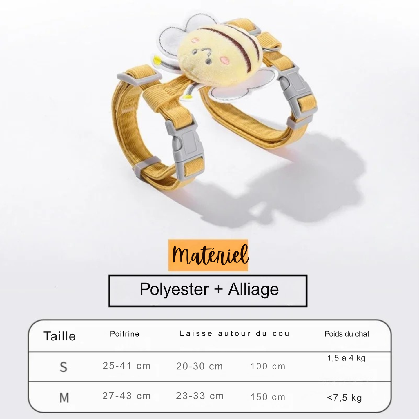Guide des tailles pour harnais pour chat et harnais chaton abeille jaune. Tableau technique indiquant les mesures de poitrine, de cou et de poids pour les tailles S et M. Information matériel : Polyester et Alliage durable. Image d'aide au choix pour un harnais chat parfaitement ajusté. Les Trésors d'Owka.