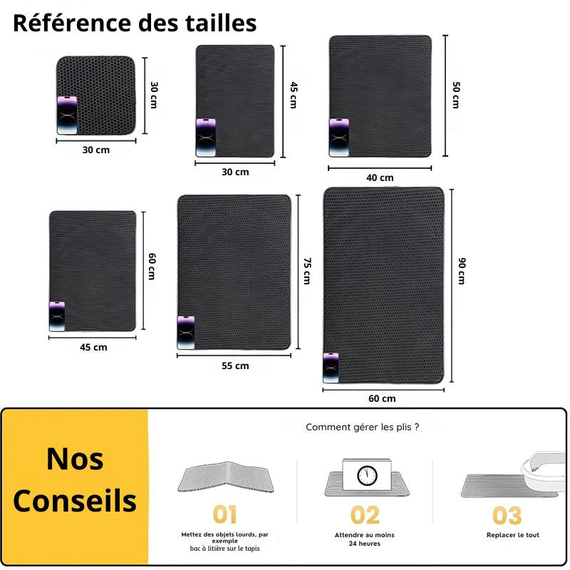 Guide des tailles pour tapis de litière double couche disponible en 6 dimensions : 30x30cm, 30x45cm, 40x50cm, 45x60cm, 55x75cm et 60x90cm, avec conseils pour éliminer les plis de déballage.
