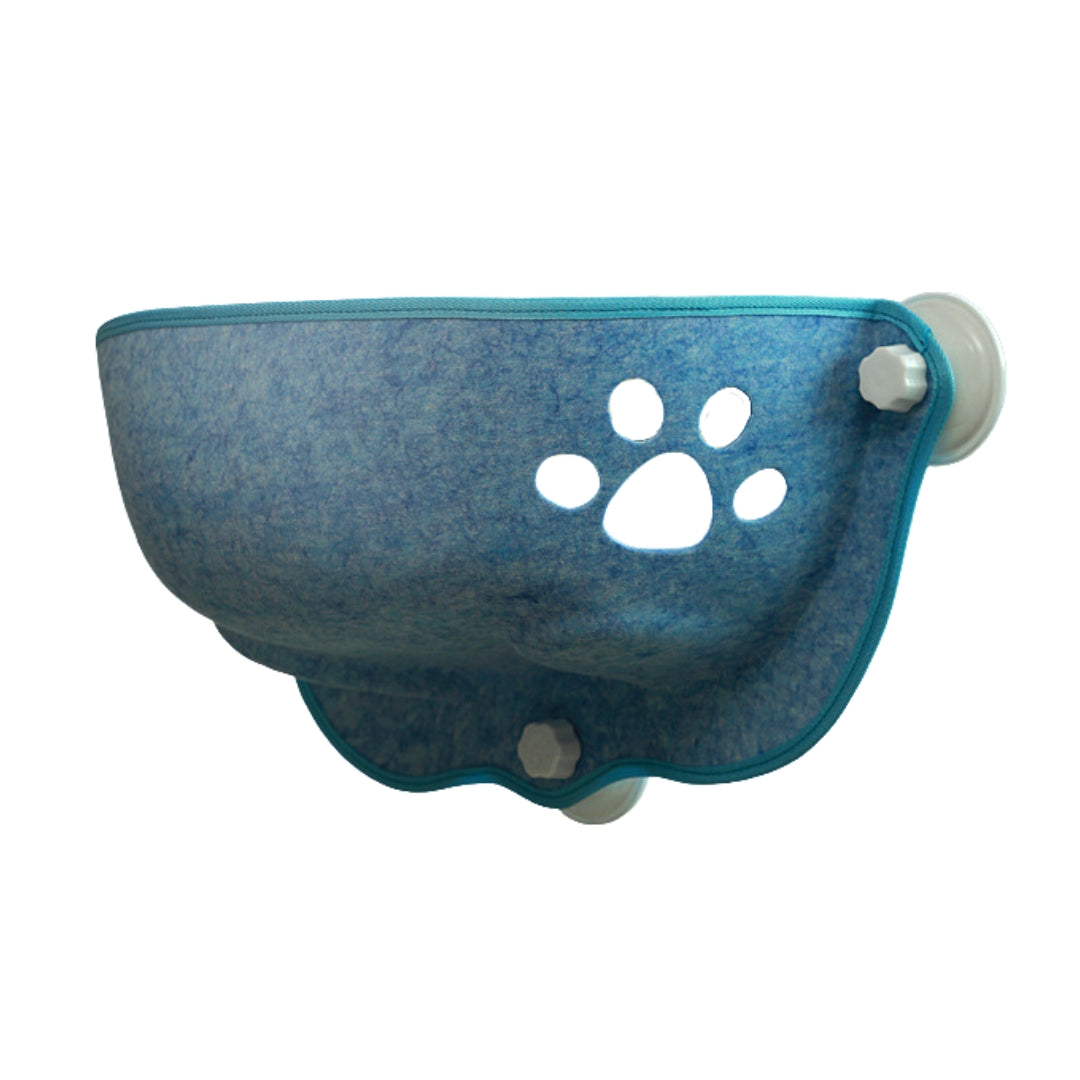 Hamac de fenêtre pour chat en feutre bleu chiné avec découpe décorative en forme de patte, doté de ventouses à vis haute performance pour une fixation stable et sécurisée sur vitre.