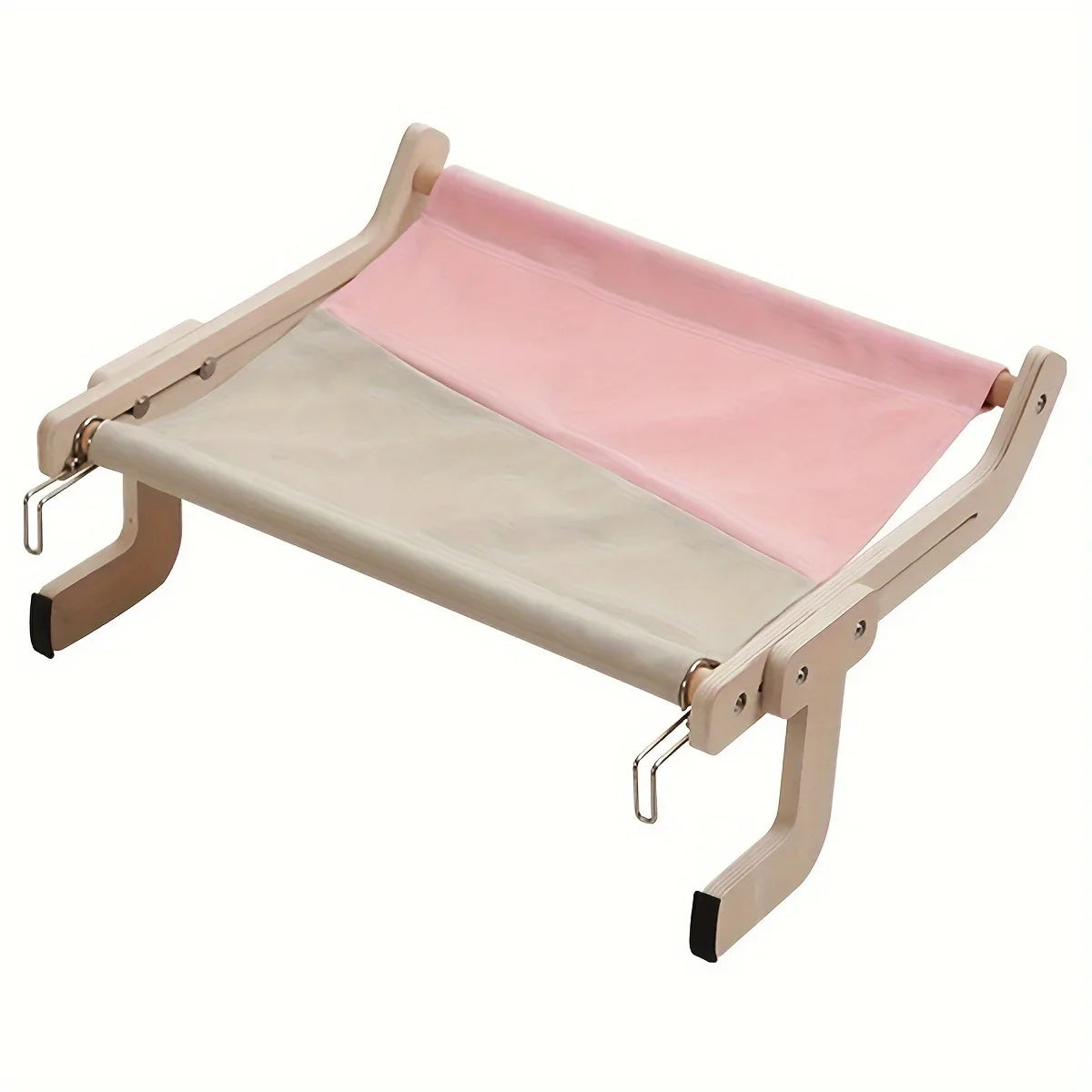 Vue détourée d'un hamac pour chat en bois naturel avec toile bicolore rose et gris. Structure robuste sans ventouse munie de crochets ajustables et de pieds avec protections antidérapantes. Mobilier de luxe stable et design pour hamac a chat de canapé ou de lit. Qualité premium Les Trésors d'Owka.
