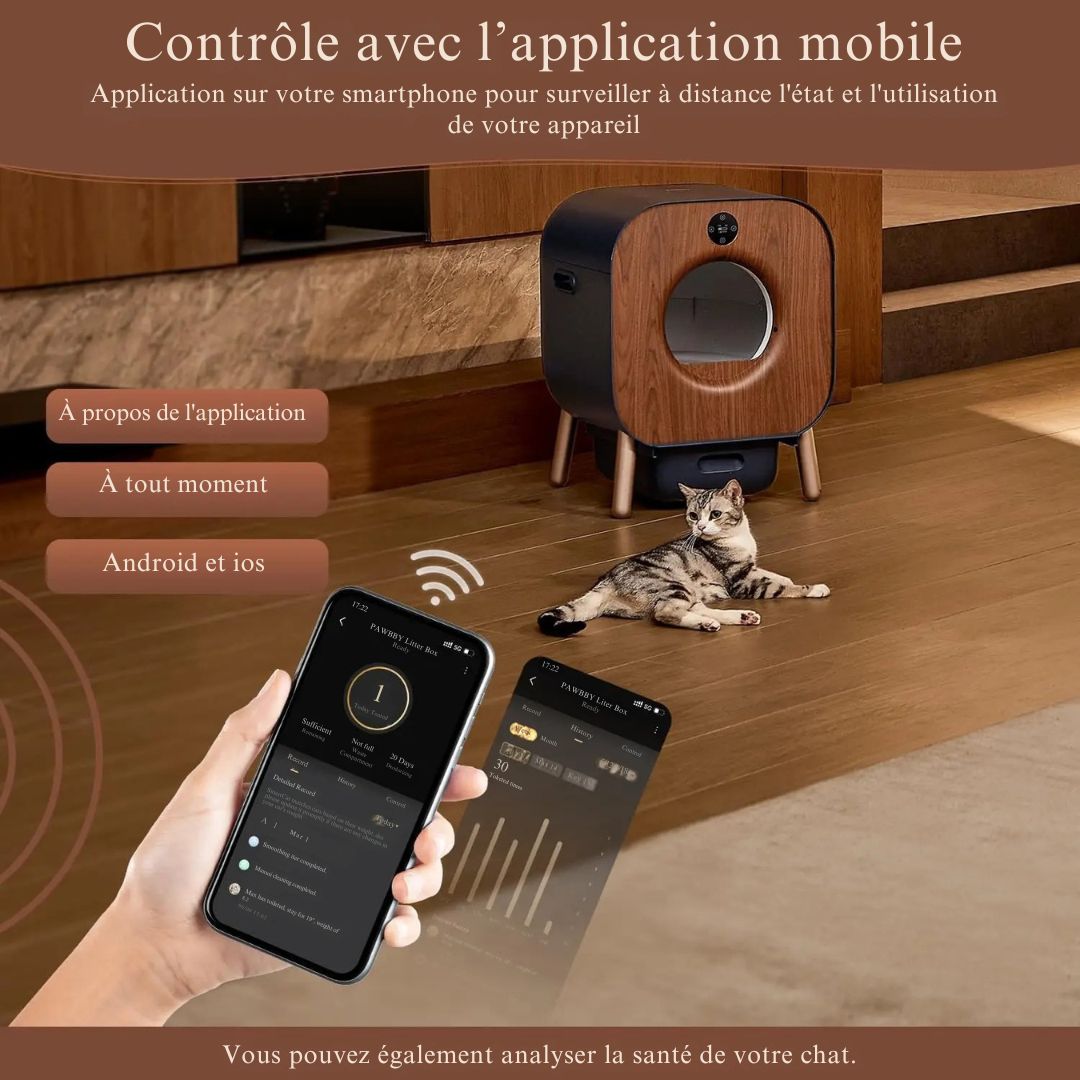 image de la Litière Autonettoyante Intelligente pour Chat – Certifiée TÜV Rheinland posé dans une pièce avec un telephone mobile et son application