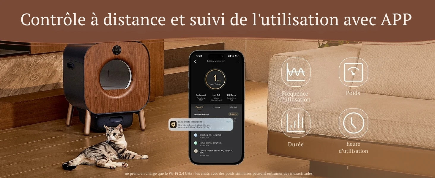 image de la Litière Autonettoyante Intelligente pour Chat – Certifiée TÜV Rheinland avec un chat couché devant et l'application mobile détaillant tout ce qu'elle peut faire
