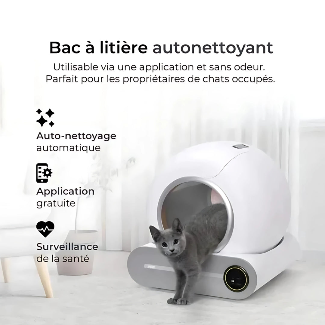 image de la litière autonettoyante ronde blanche démonté avec un chat qui en sort et des informations sur le coté
