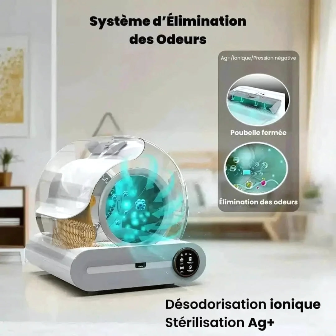 image de la litière autonettoyante ronde blanche et informations montrant des fonctionnalités de la litière autonettoyante