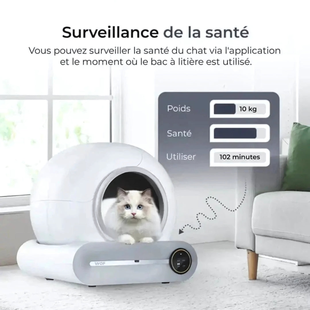 image de la litière autonettoyante ronde blanche avec un chat blanc dedans et des écriture présentant les caractéristiques de la litière autonettoyante