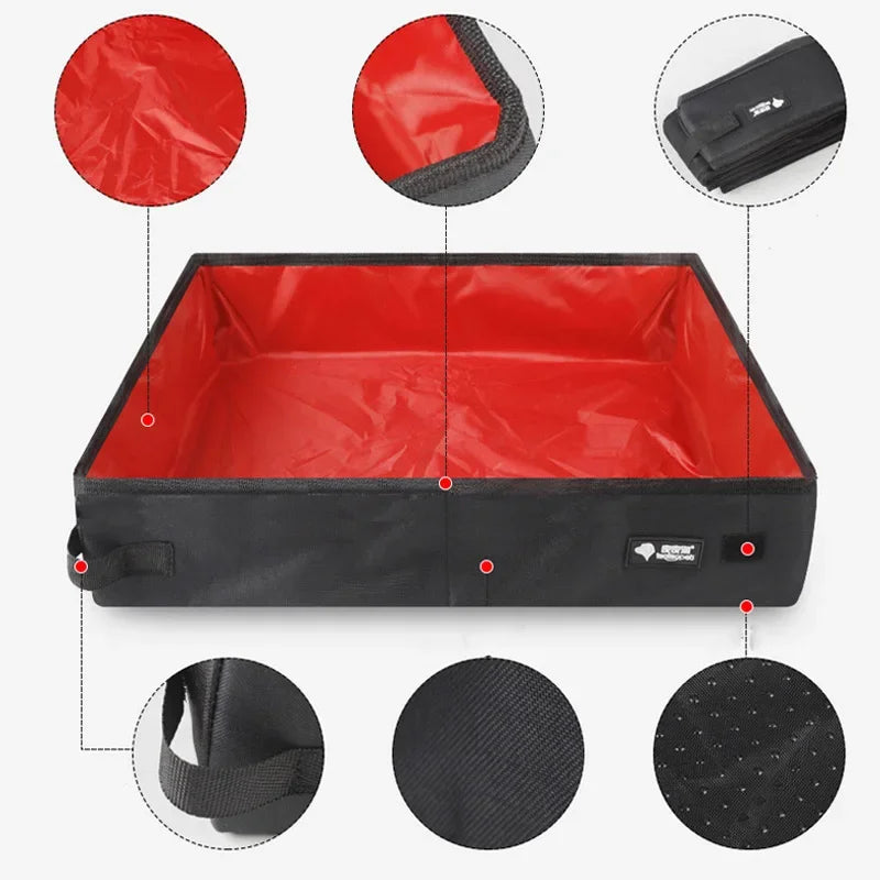 image de la litière portable de voyage en nylon avec les informations des matières sur chaque cotés