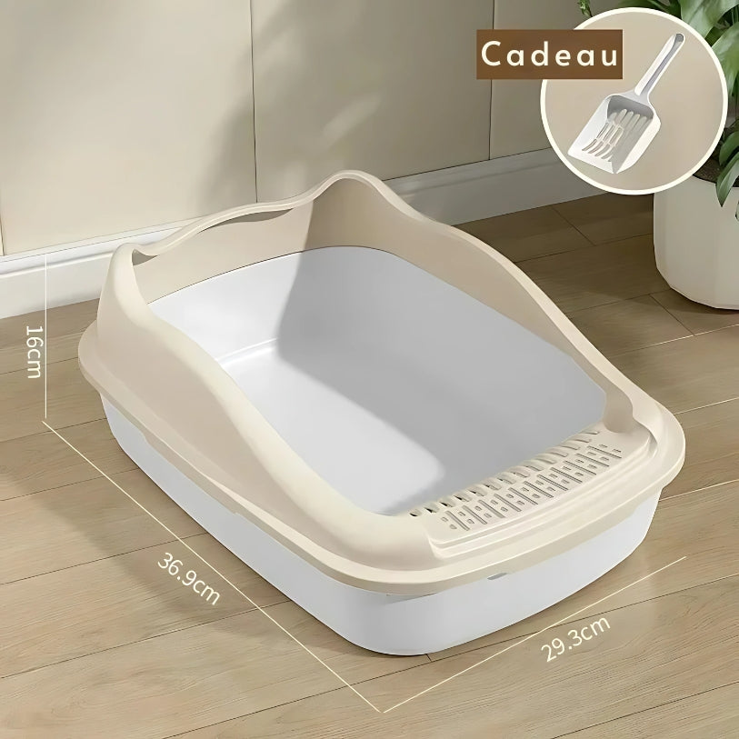 image du bac a litière a bord haut beige pour chaton avec les dimension écrite de chaque coté