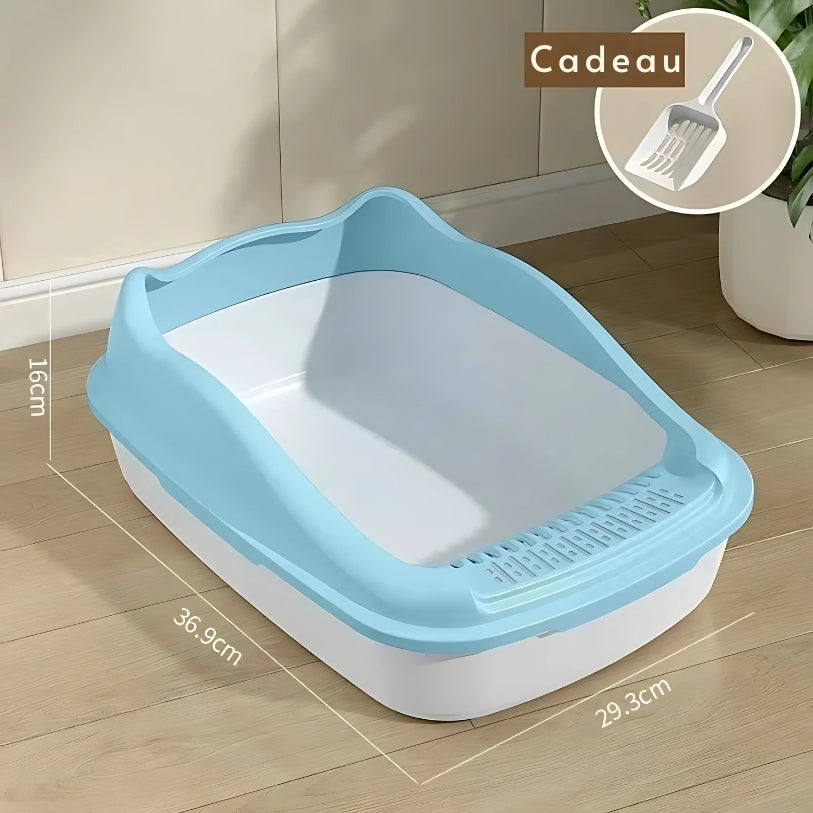 image du bac a litière a bord haut bleu pour chaton avec les dimension écrite de chaque coté
