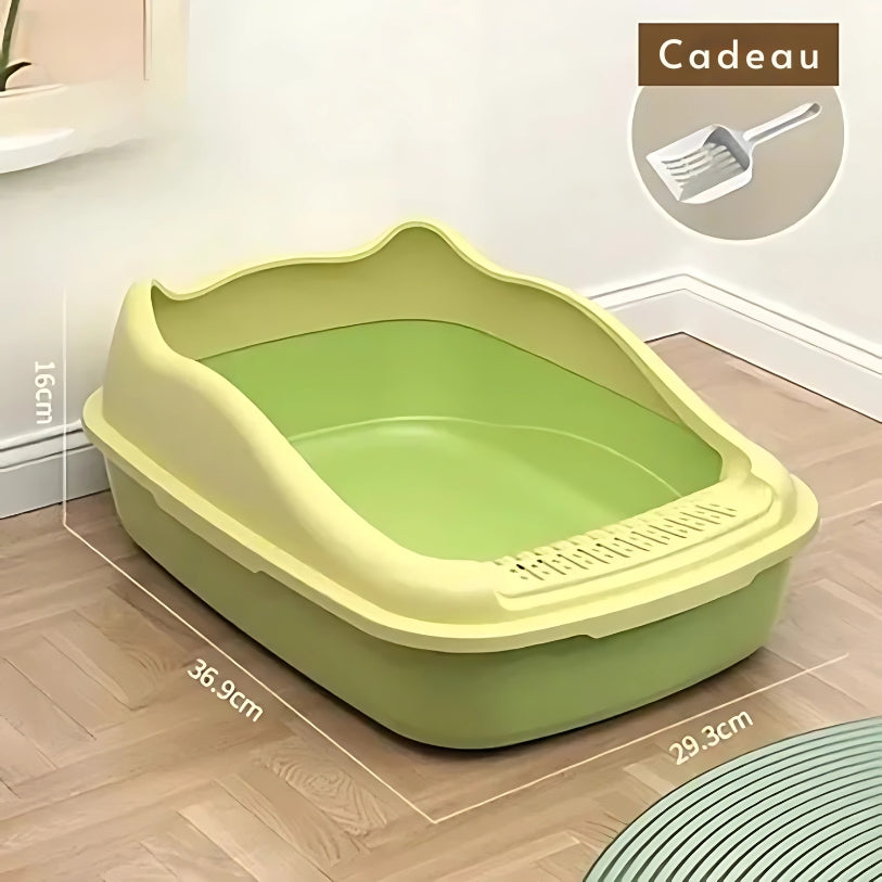 image du bac a litière a bord haut vert pour chaton avec les dimension écrite de chaque coté