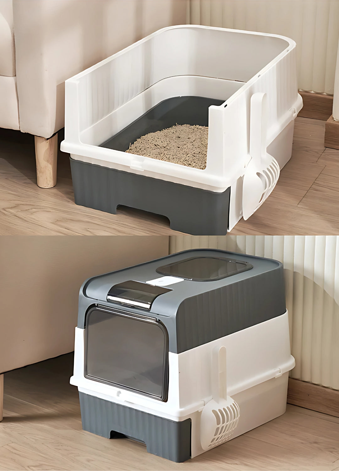 image de la litière cube grise montrant les deux diffrent mode, mode fermé et à moitié ouvert