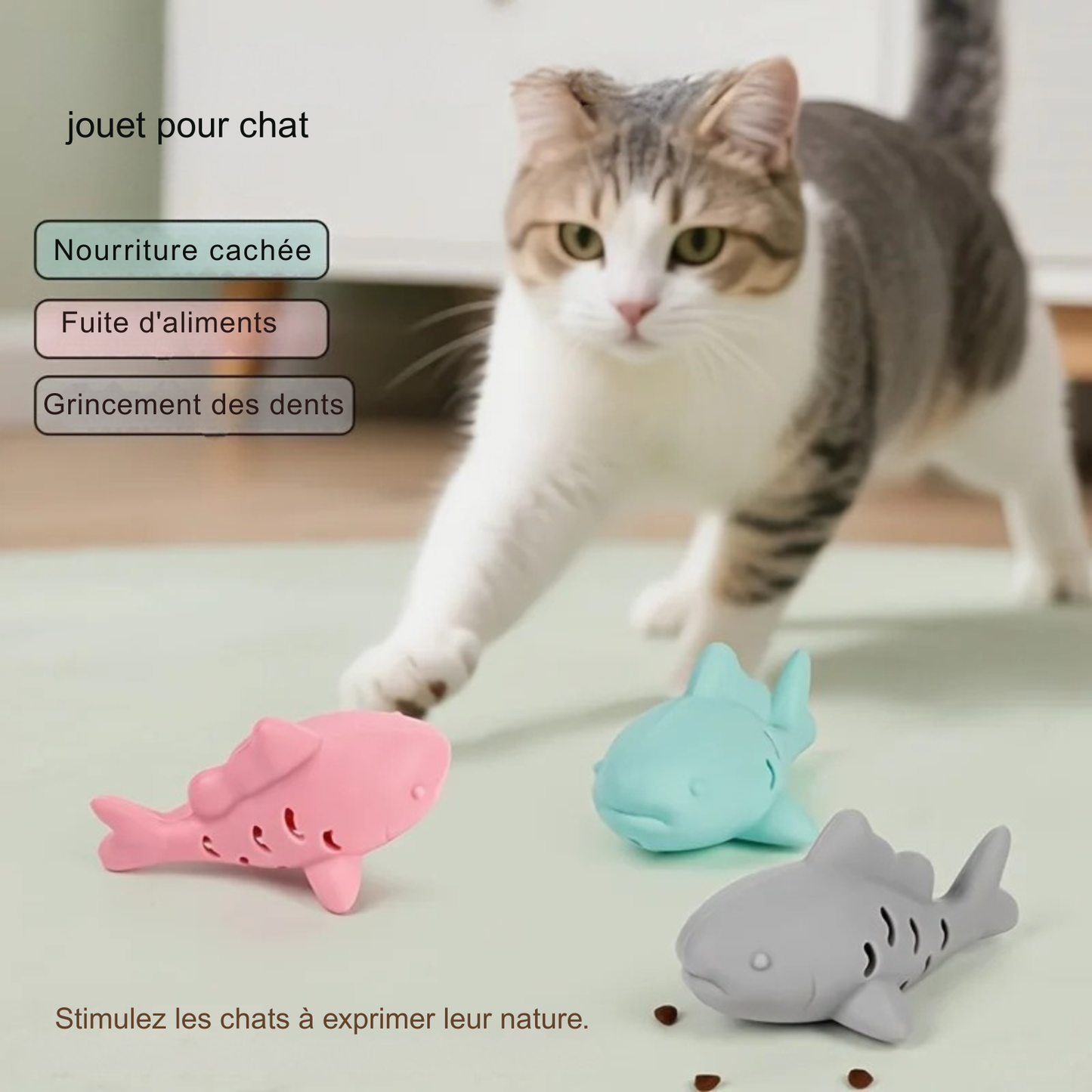 Infographie pour jouet chat interactif en forme de poisson silicone en rose, vert et gris avec un chat s'apprêtant à jouer. Ce jeux interactif chat propose une fonction de nourriture cachée et de fuite d'aliments pour stimuler l'instinct naturel du félin. Un accessoire complet parmi les jeux animaux pour favoriser la dentition et l'occupation mentale.