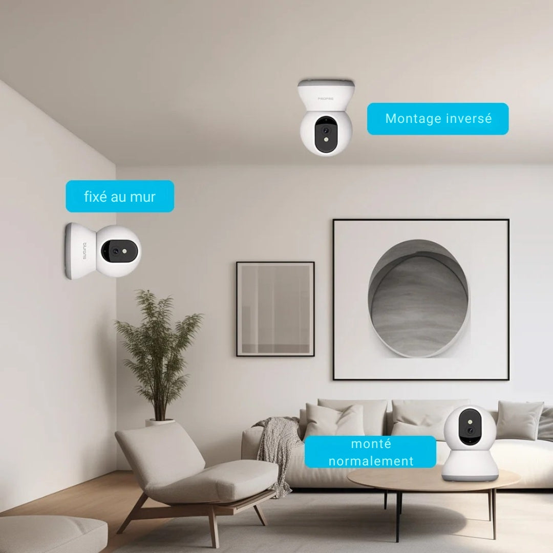 Options de montage d'une caméra de surveillance intelligente dans un salon moderne : fixée au mur, en montage inversé au plafond ou posée normalement sur un meuble.