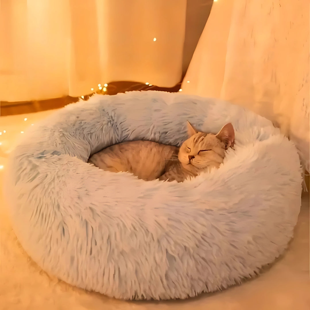 Chat endormi paisiblement dans un panier rond apaisant bleu ciel en fausse fourrure longue, offrant un confort ultra-moelleux et un effet nid protecteur pour un sommeil profond.