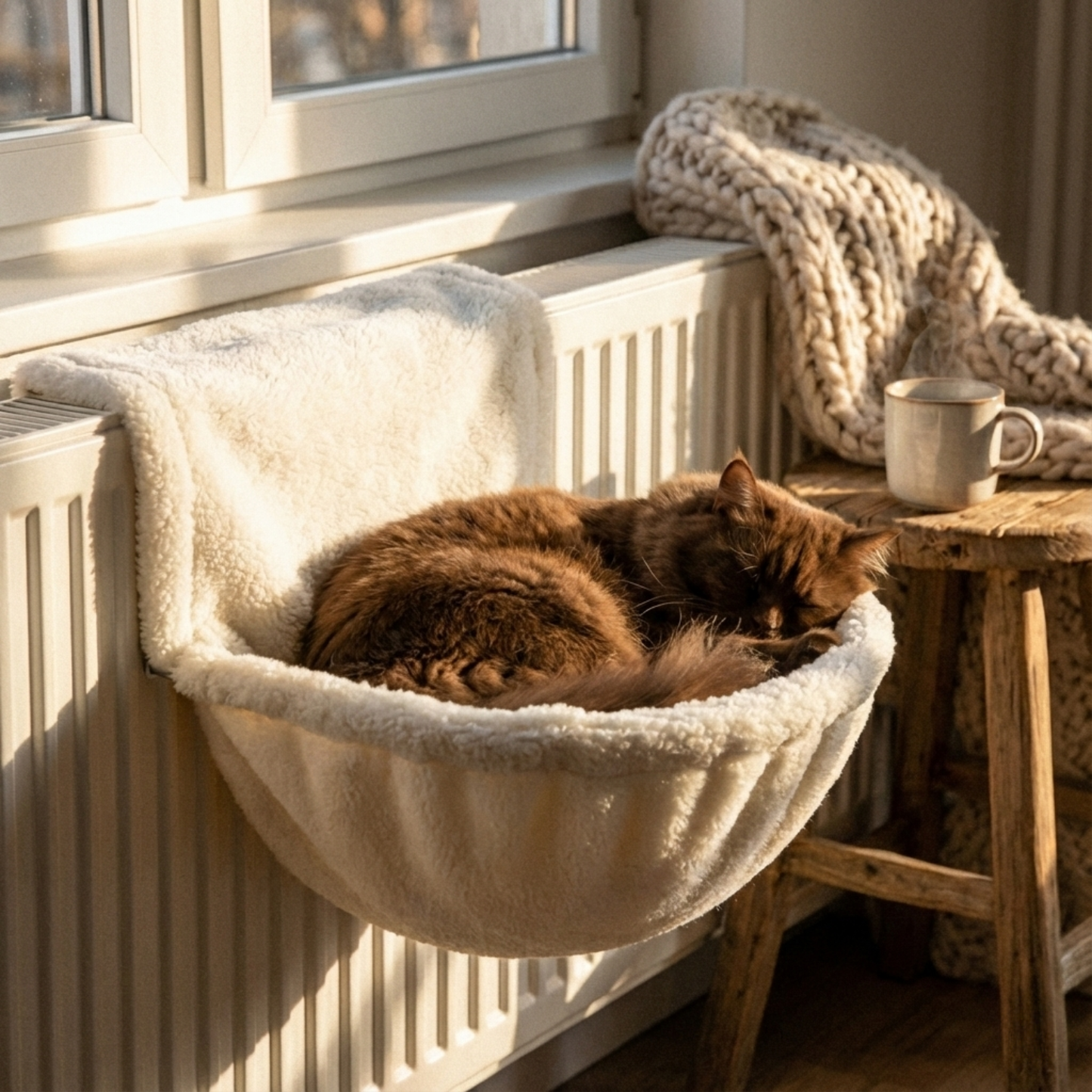 Chat brun dormant confortablement dans un panier de radiateur en peluche blanche, conçu en forme de nid suspendu pour diffuser la chaleur du chauffage pendant l'hiver.