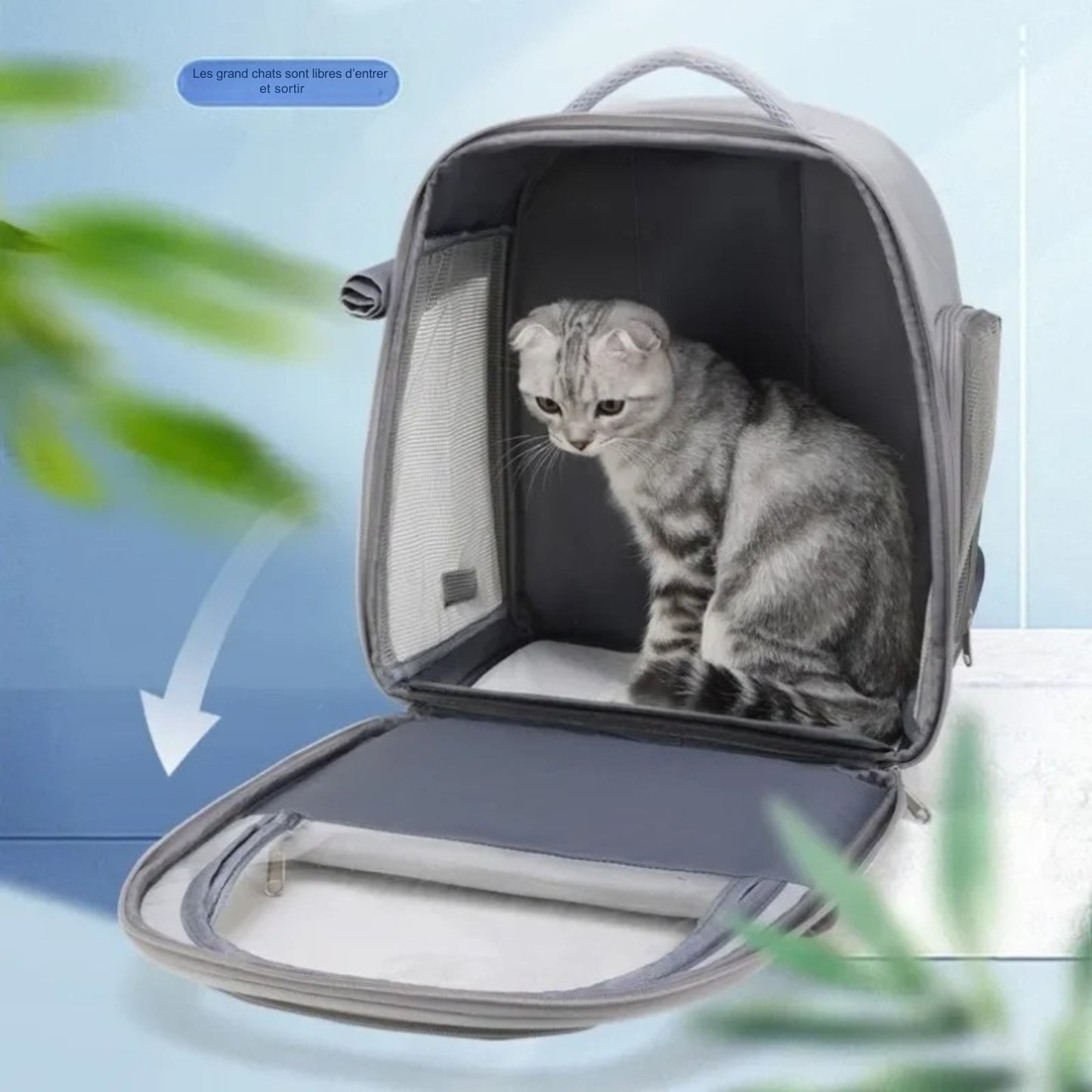 Sac à dos pour chat gris grand format avec ouverture frontale totale. Chat assis dans le sac dos pour chat Les Trésors d'Owka spacieux avec aération mesh latérale. Sac dos chat ergonomique pour grands chats, facile d'accès et confortable.