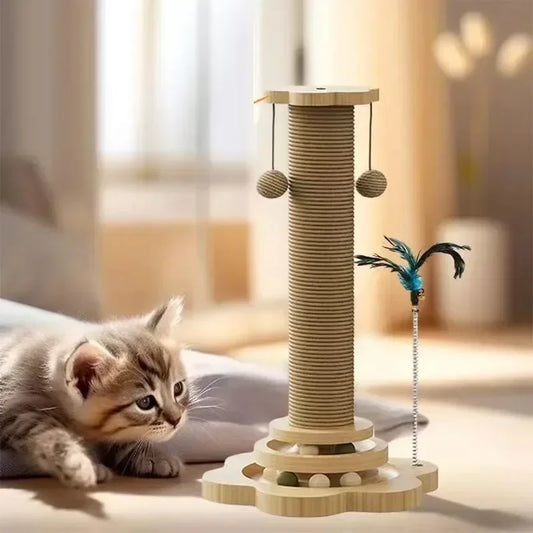 Chaton tigré observant une tour de jeu interactive en bois clair comprenant un poteau à griffer en sisal, un circuit de balles à la base, des plumeaux et des balles suspendues.