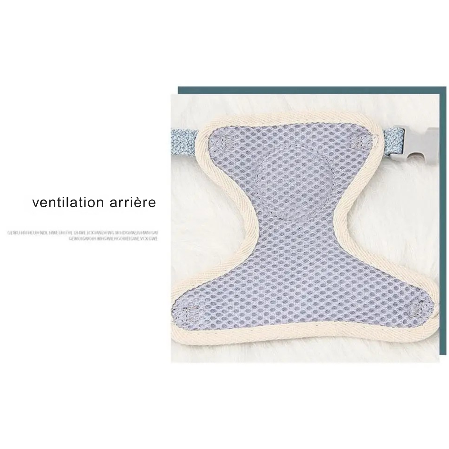 Vue détaillée de la ventilation arrière d'un harnais pour chat en maille mesh aérée grise. Ce harnais chat ergonomique offre une circulation d'air maximale pour éviter la surchauffe. Un système de protection parmi les meilleurs harnais animaux pour assurer le bien-être thermique et un confort anti-irritation lors des sorties quotidiennes.