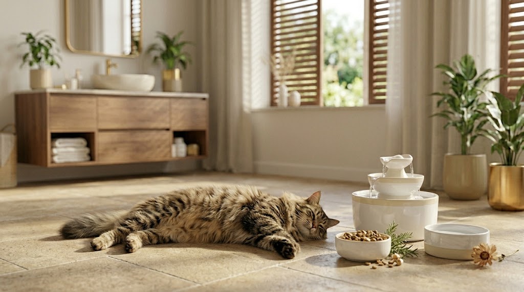 Chat à poil long détendu sur une surface fraîche dans un salon ombragé en été
