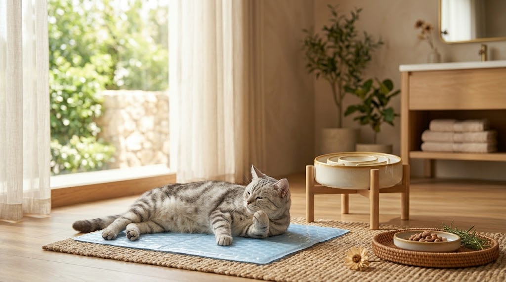 Chat allongé sur un tapis rafraîchissant pour se protéger de la chaleur en été — Les Trésors d'Owka