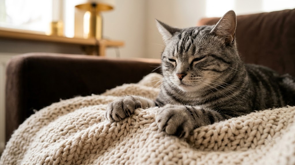 Chat tigré gris pétrissant une couverture beige, yeux mi-clos de contentement — Les Trésors d'Owka