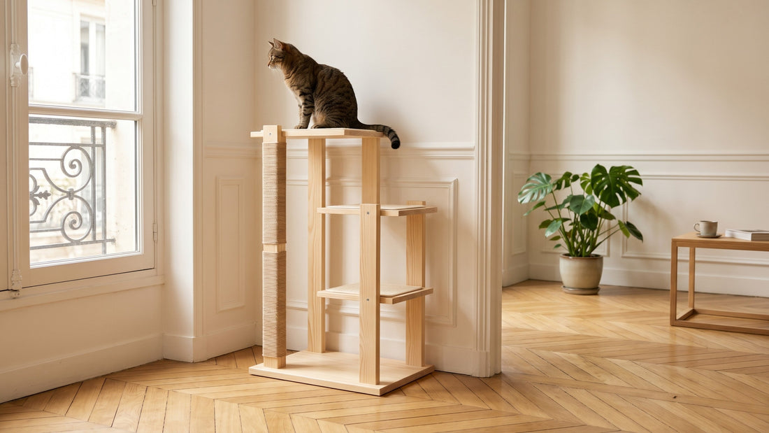Arbre à chat scandinave en bois naturel design moderne dans un appartement parisien minimaliste — Les Trésors d'Owka
